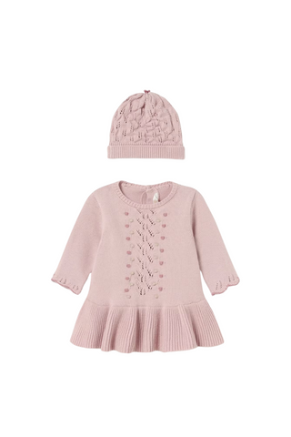 Pink Tricot Knit Dress & Hat Set