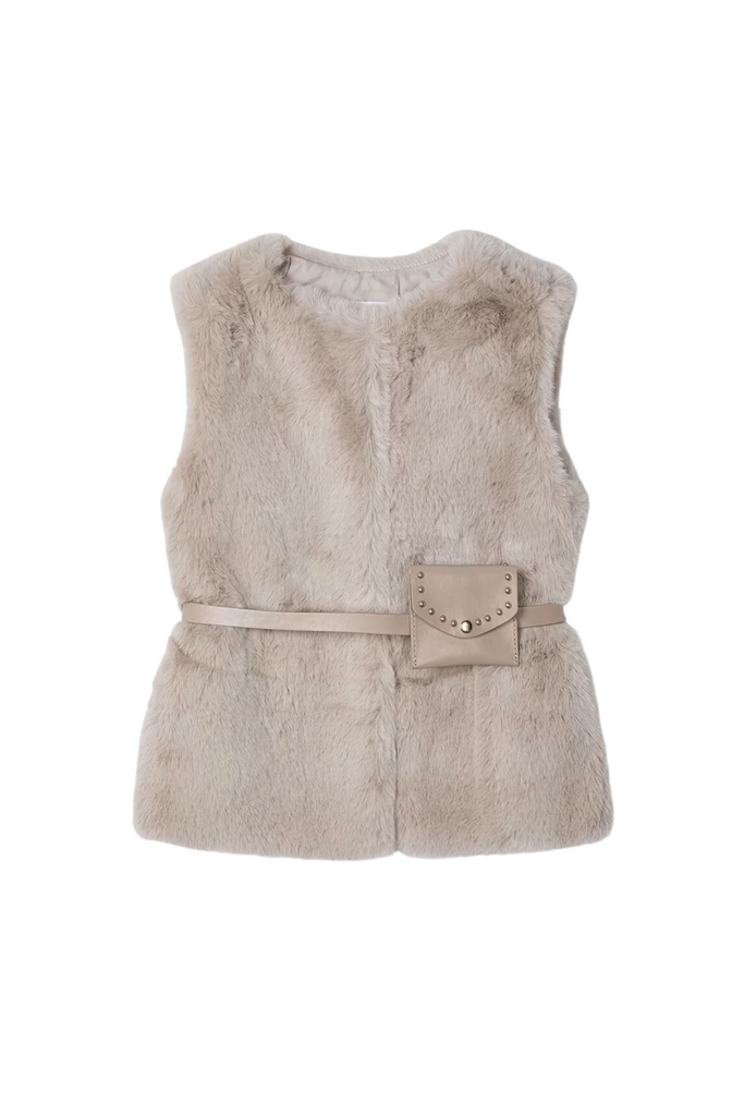 Beige Belted Faux Fur Vest